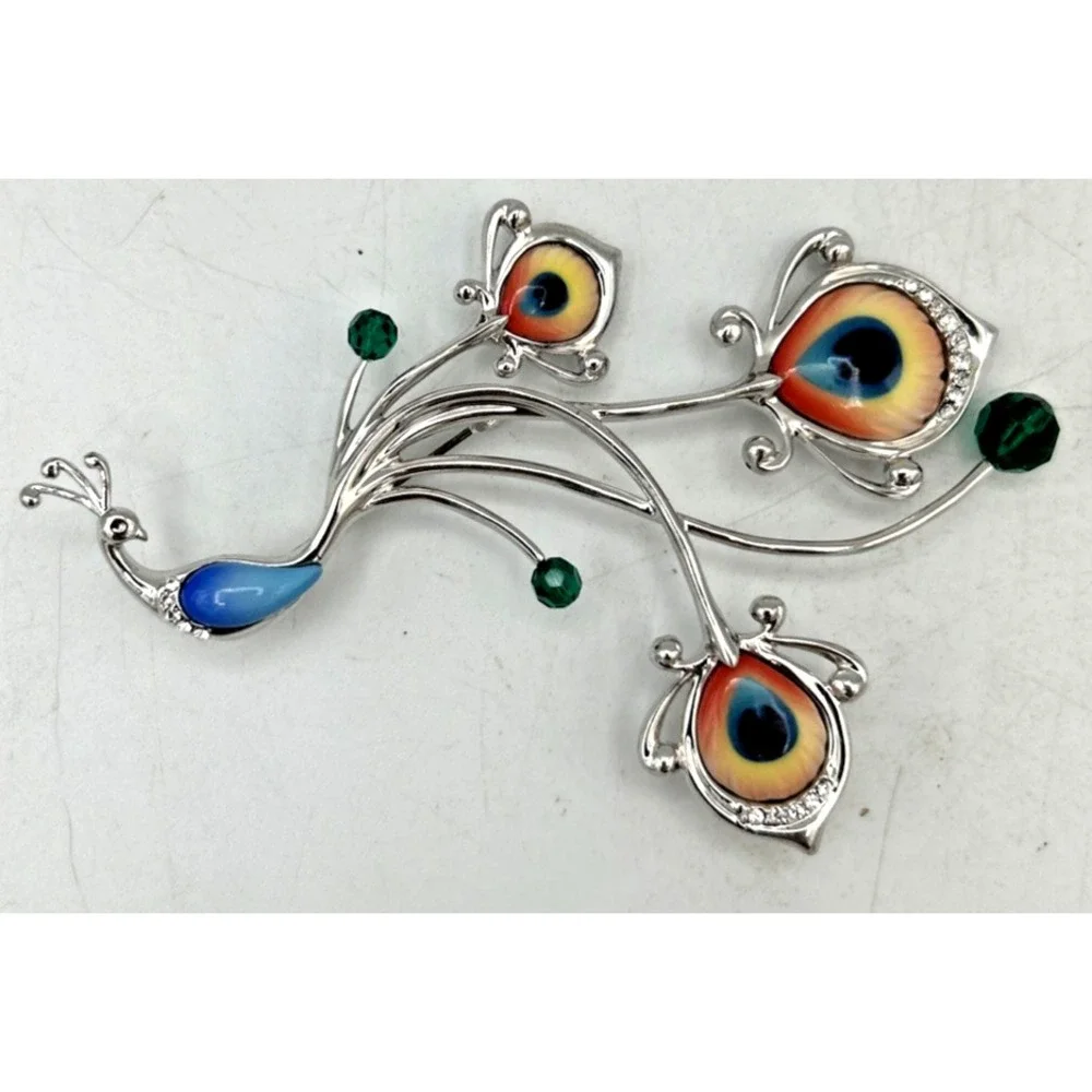 Franz Collection Peacock Brooch Pin Rhodium Plated Brass Porcelain Proud Bird‎